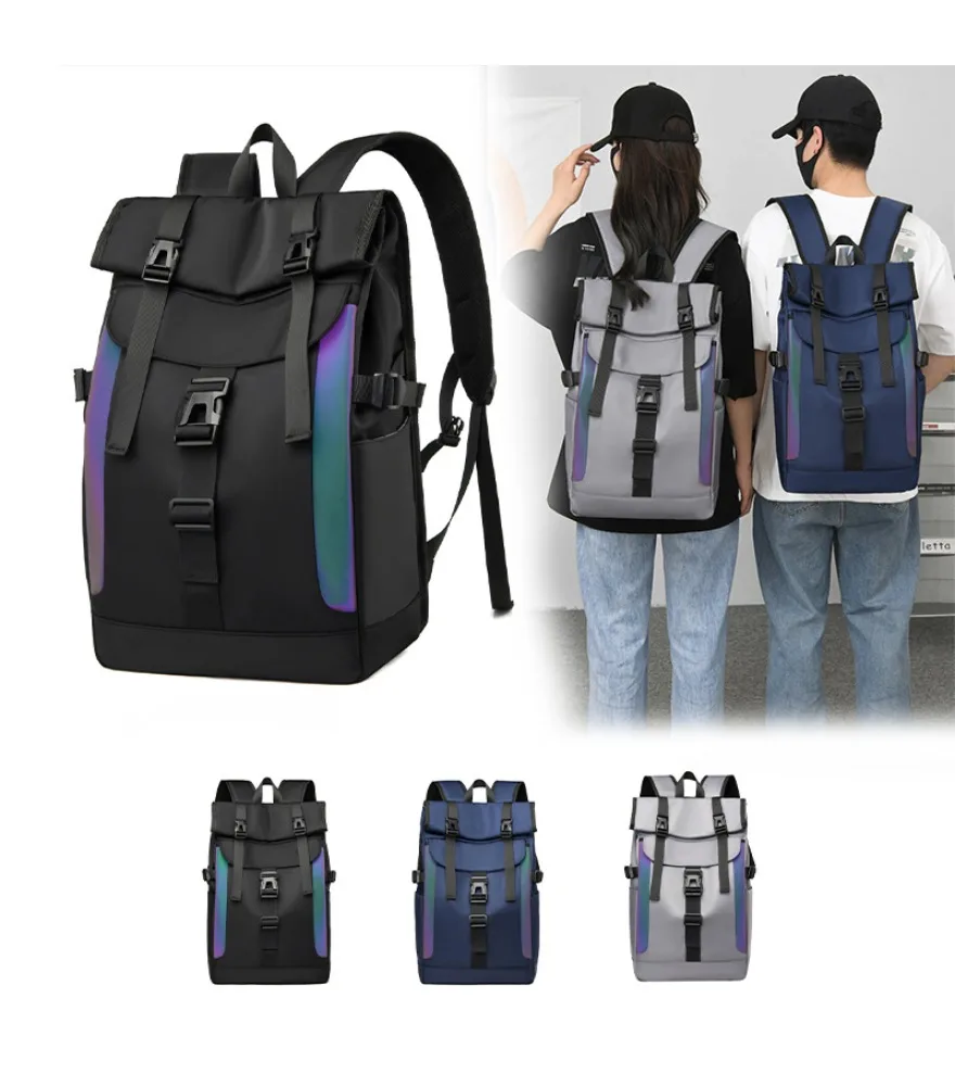 Gray iridescent flap buckle backpack anti splash glossy fabric for young people daily shopping outdoor trips