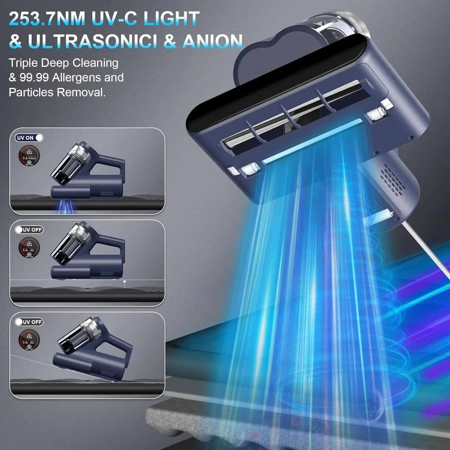مكنسة كهربائية للسرير مكنسة كهربائية مع ضوء UV-C 253.7 نانومتر، 600 وات و16 كيلو باسكال قوي