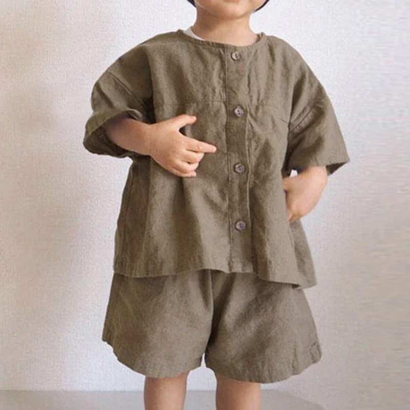 Children's Retro Cotton Linen Suit 2026 Summer New Korean Kids Casual Loose Shirt + Shorts Boys And Girls 2 Pcs Sets WT045