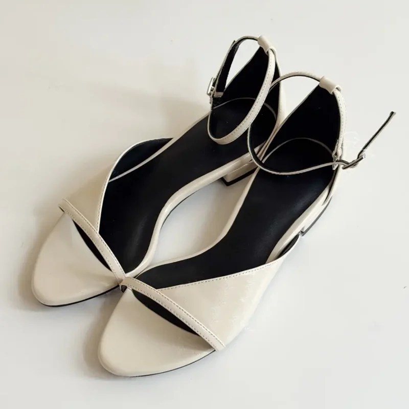 

One Word Belt Cover Heel Flats Sexy Pointed Toe Matte Leather Ankle Warp Solid New Arrivals Fashion Women Modern Shoes