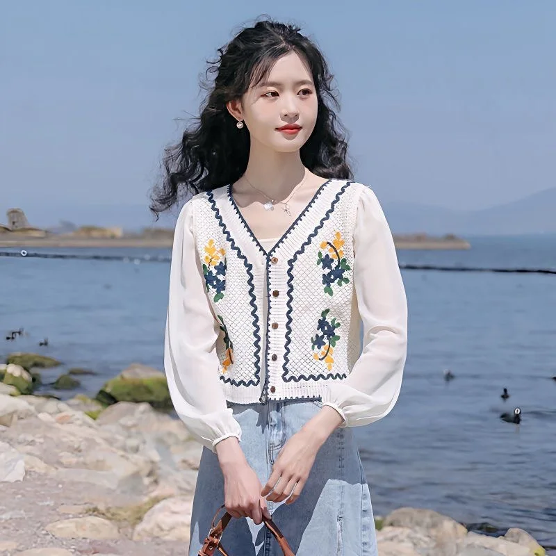 Spring Summer New Style Ethnic Knitted Hollow out Long Sleeve Chiffon Top  Delicate Fashionable Sweet Style Cotton Cardigan