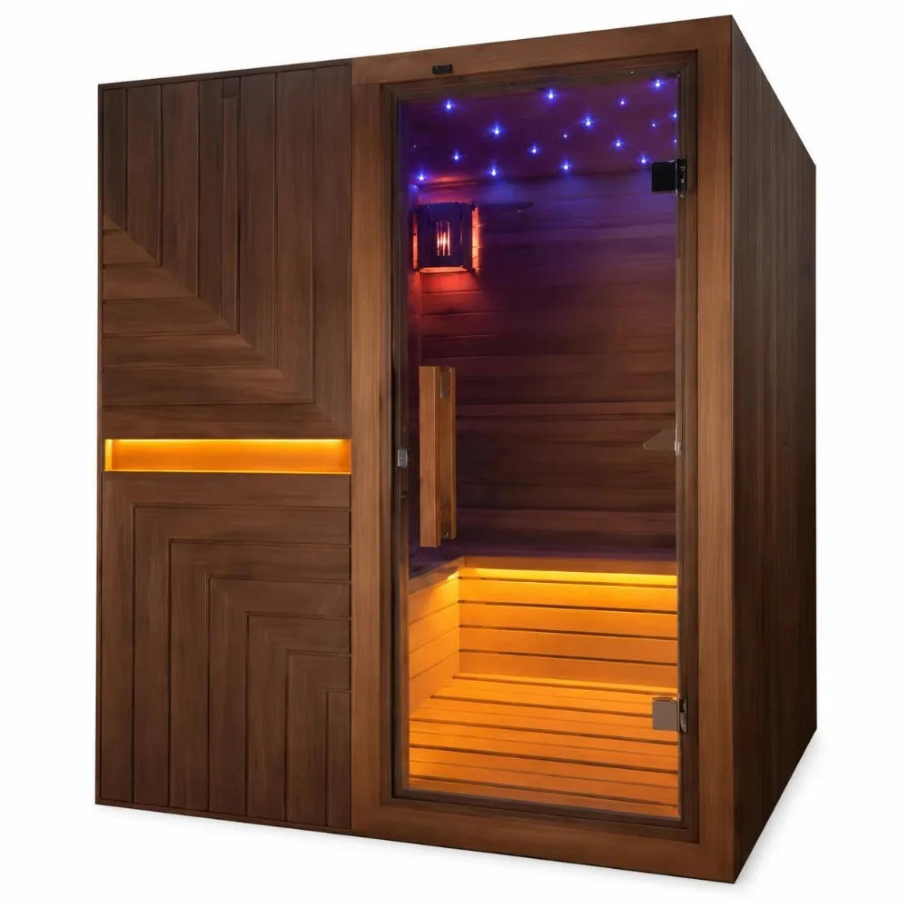 KLAFIN Home & Gym Use 2-3 Person Hemlock Solid Wood Electric Far Infrared Steam Sauna Room Modern Design for Apartment Villa