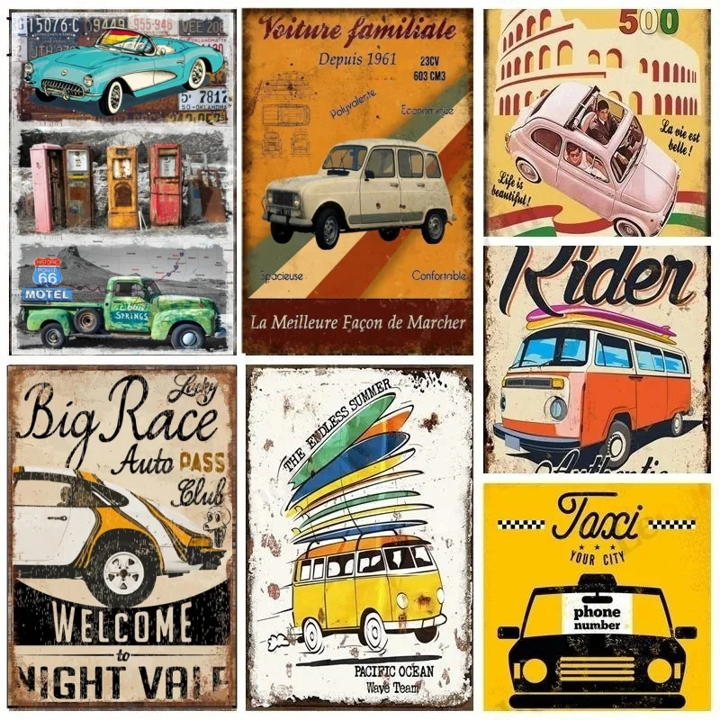 Vintage Metal Signs Car Room Decor Taxi Bus Poster Letters Old Fashioned Jeep Sports Car Plate Garage Bar Home Decoration