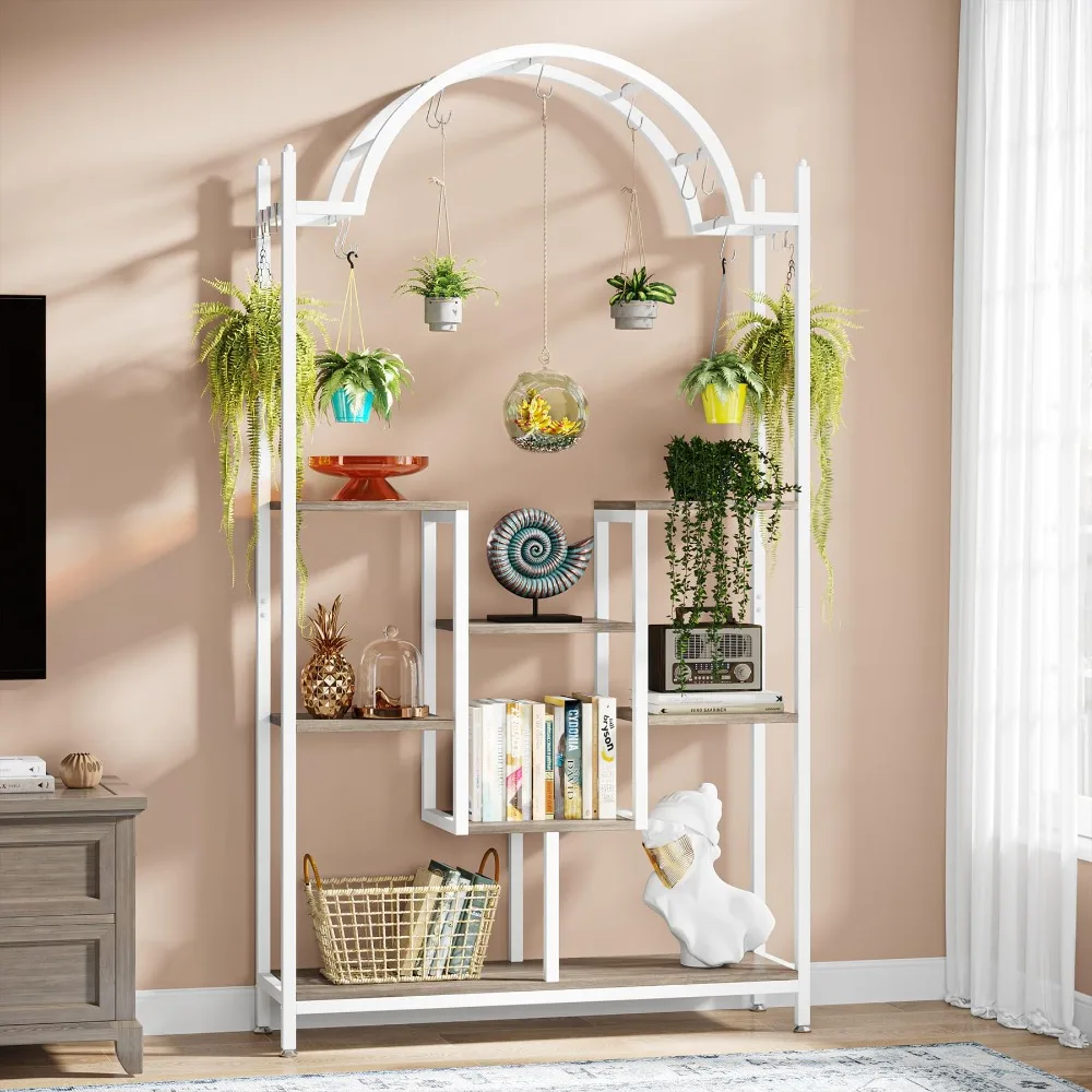 5-Tier Tall Plant Stand, 74.8'' Arched Metal Flower Shelf with Hanging Hooks, Large Bonsai Pots Display Rack for Garden