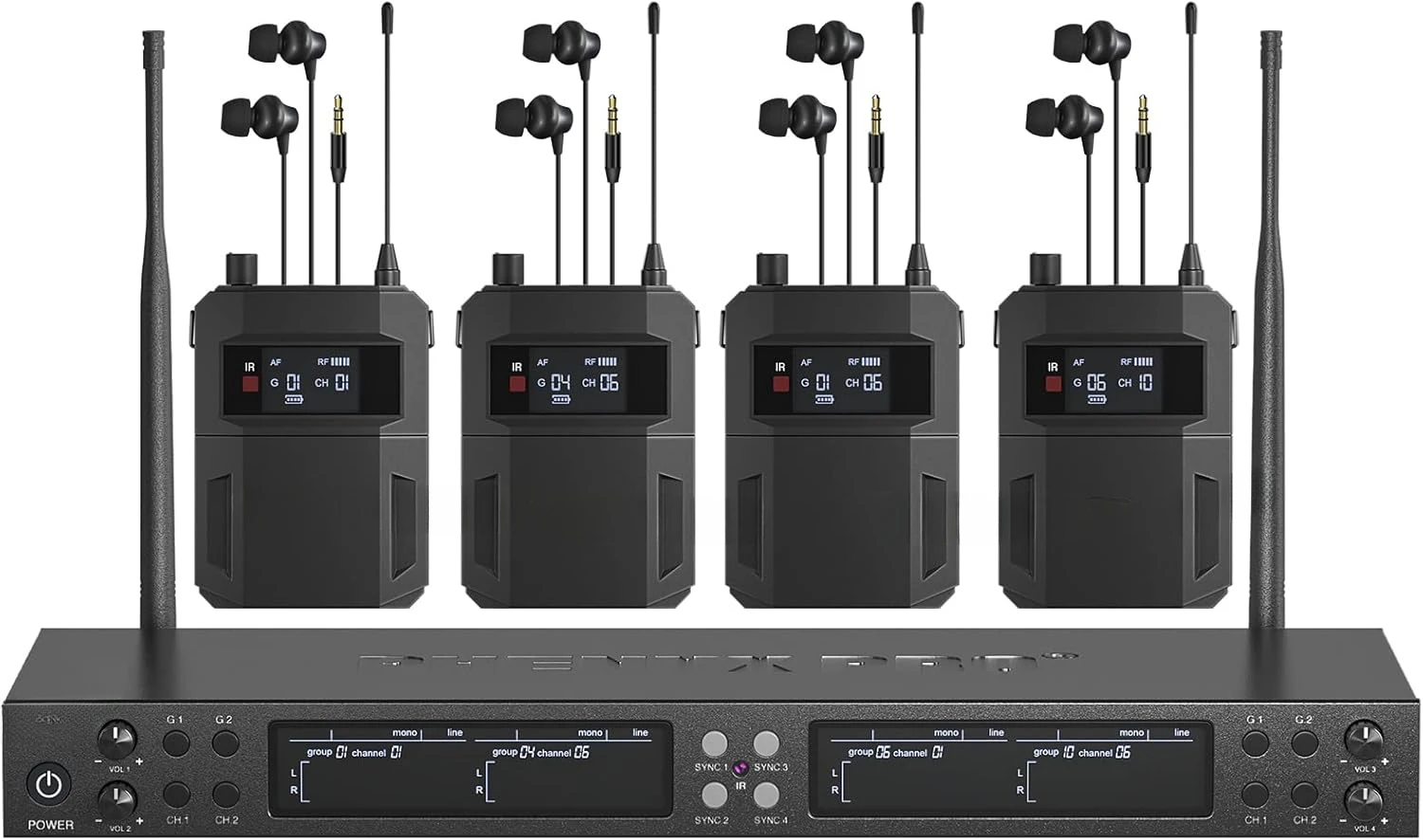 Wireless in Ear Monitor System Quad-Channel Wireless IEM System Metal IEM w/ 4 Bodypacks 4x25 UHF Frequencies