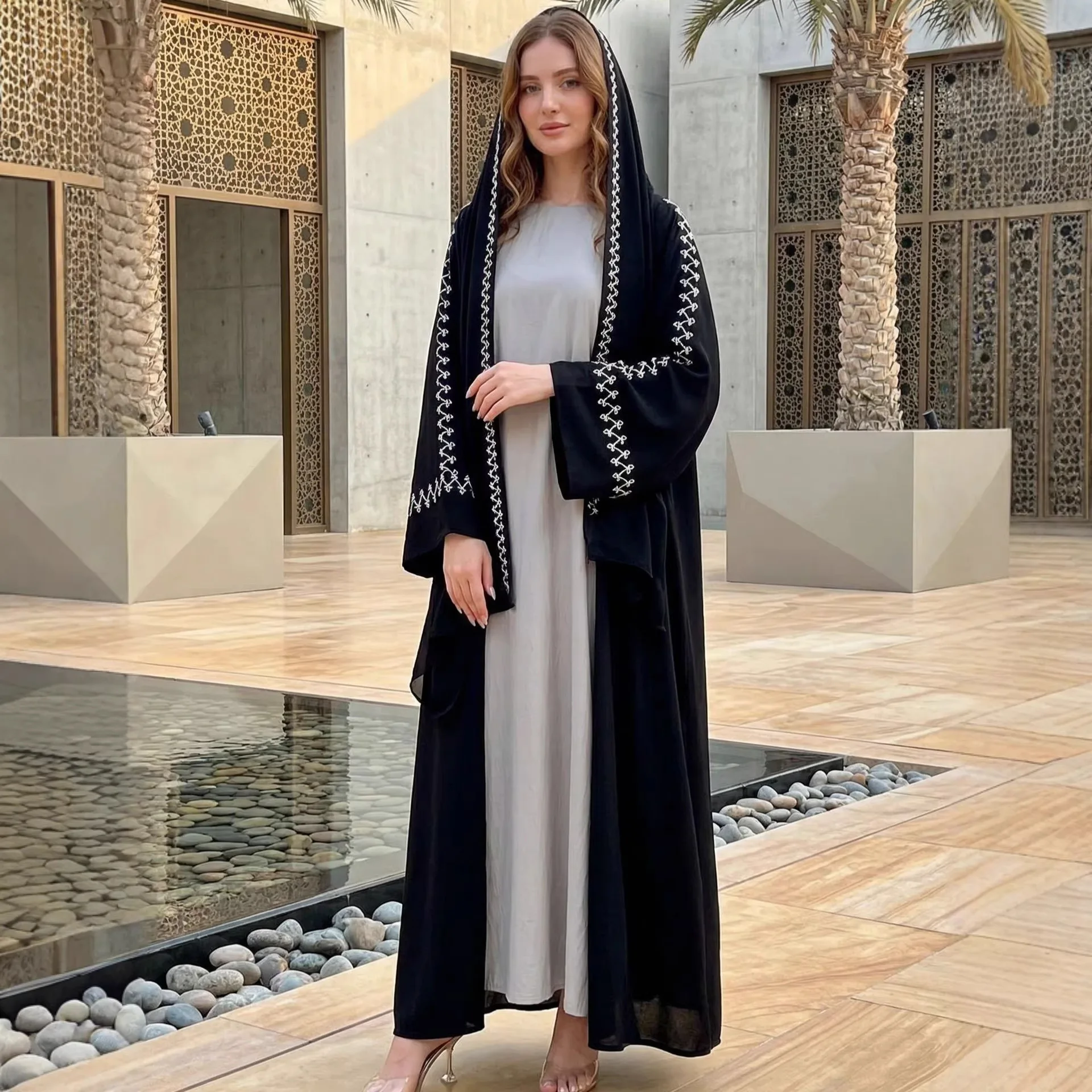 

Комплект для женщин: длинное платье-хиджаб с вышивкой, открытая абайя, кафтан, кебайя, кимоно, кардиган, джалабия, роба (Дубай, Турция)