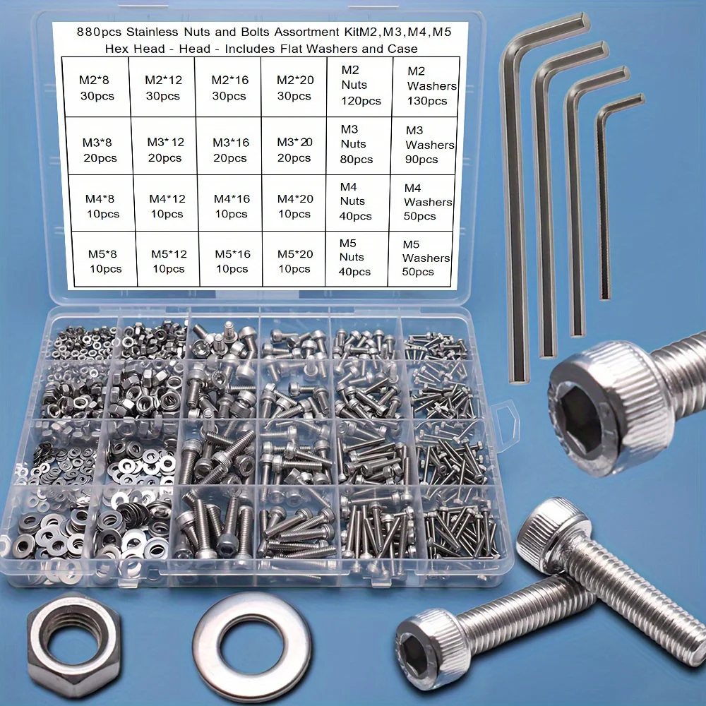880-Piece Hex Bolt, Nut, Spring, Washer, and Flat Washer Sorting Kit M2/M3/M4/M5 with Hex Wrench and Storage Box Combination Set