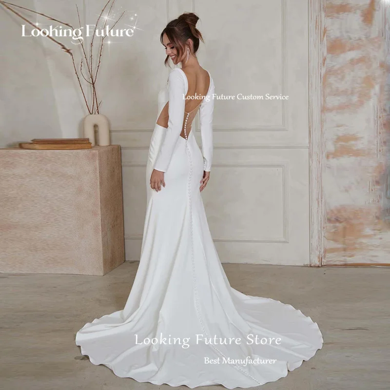 Simple Satin Wedding Dress Detachable Long Sleeves Sexy Backless Pleat Square Collar Spaghetti Straps Bridal Growns Sweep Train