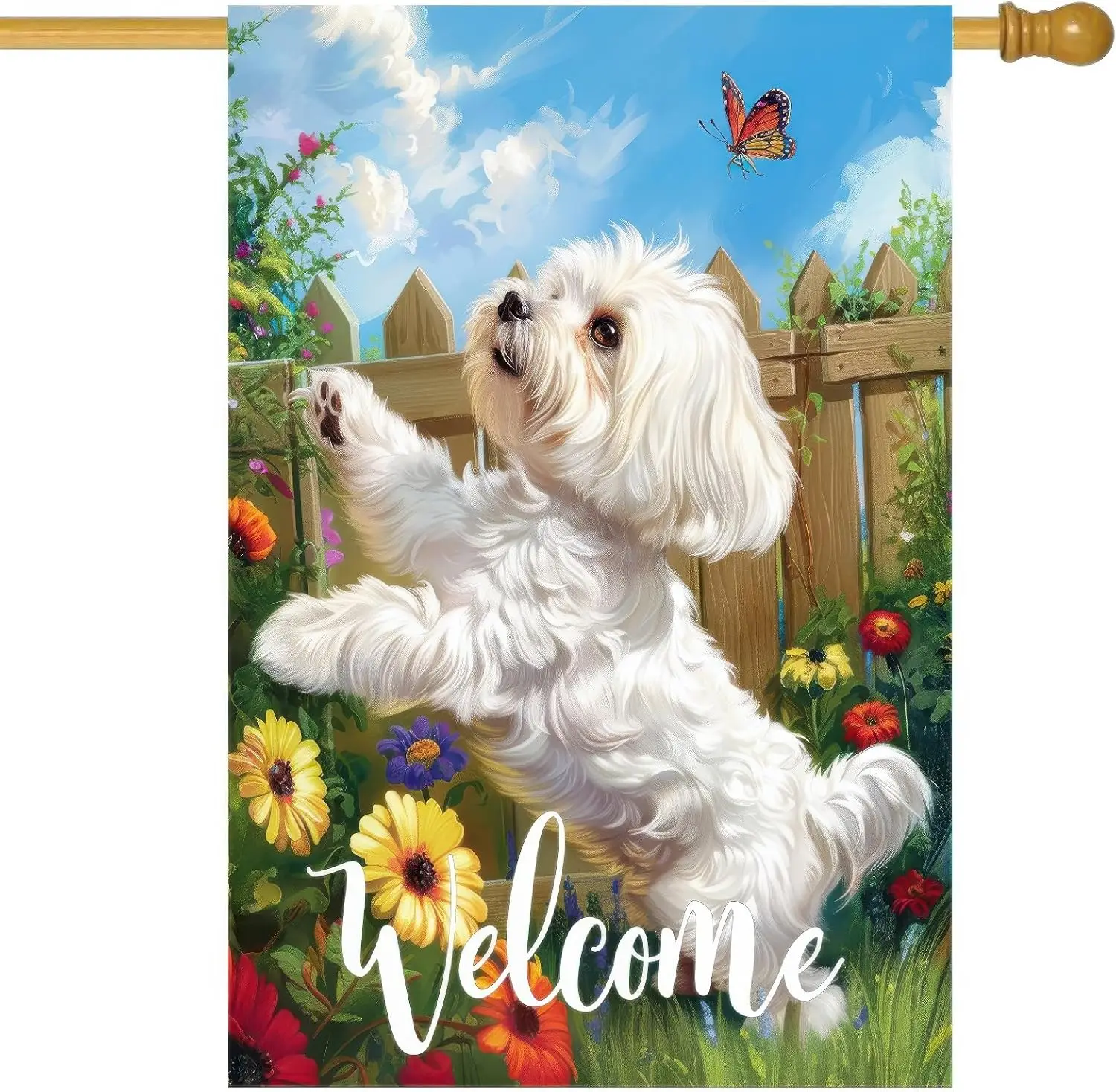 Maltese Dog Welcome Garden Flag 28 x 40 Inch Double Sided House Flag with White Puppy Butterfly and Floral Fence Design for  LLG