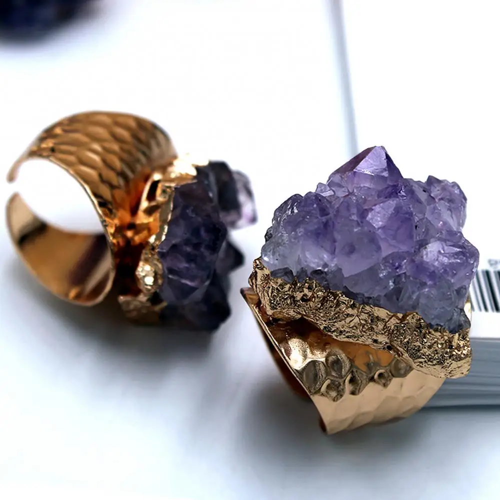Retro Amethyst Cluster Ring Adjustable Open Band Finger Rings Natural Amethyst Finger Ring Jewelry Accessory Gift