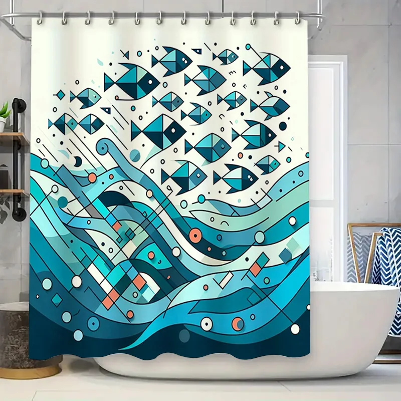 

Занавеска для душа с синей рыбой, современный синий геометрический узор, декор для ванной комнаты, водонепроницаемая ткань, наборы ковриков для ванной, легко чистящиеся, 6 крючков Inc
