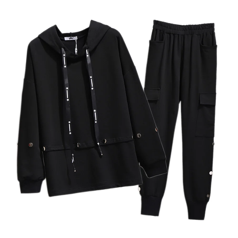 Large Size Women\'s Autumn Winter Fleece Sweatshir Pants Suit Bust 157cm 5XL 6XL 7XL 8XL 9XL Western Style Suit Black 150Kg