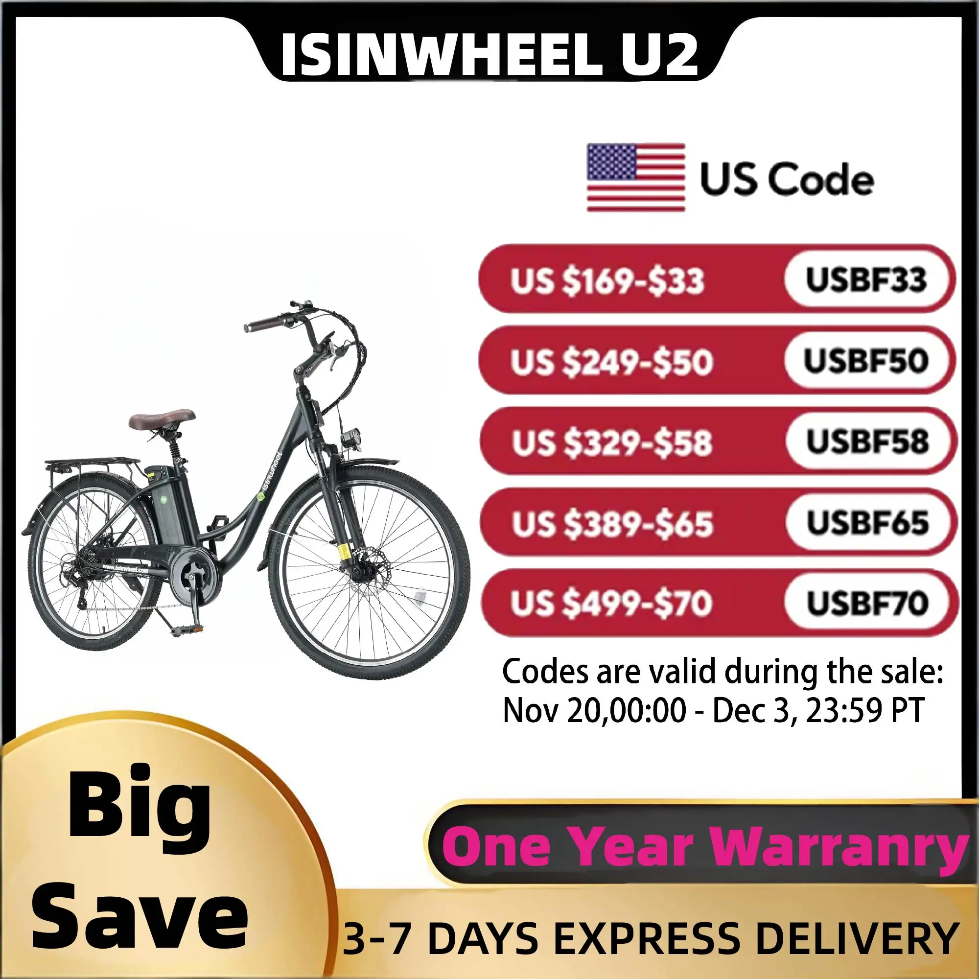 

Isinwheel U2 Adult Electric Bicycle,500W city ebike, 468Wh commuting E-bike, 26 Tire Electric Bike
