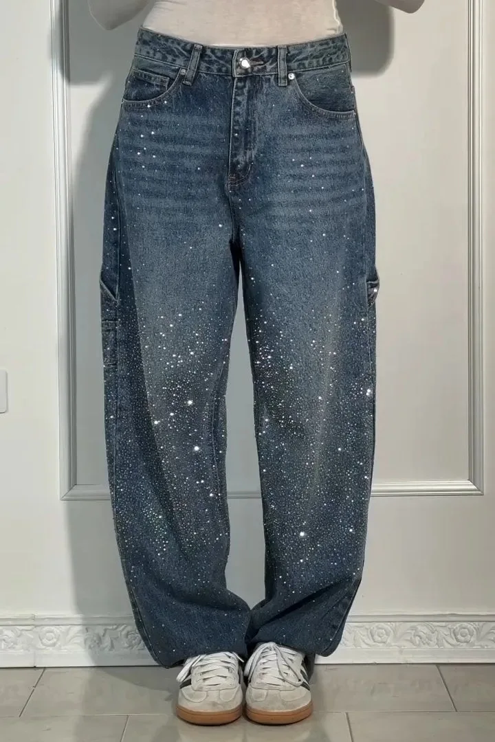 

Fashionable Full Sky Stars Hot Diamond High-waisted Jeans. 2025 Women's Four Seasons New High-end Casual Loose Wide-leg Jeans