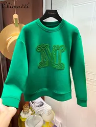 Sudadera con capucha para mujer, suéter con bordado de letras, ropa informal de algodón verde espacial, moda europea, primavera y otoño, novedad