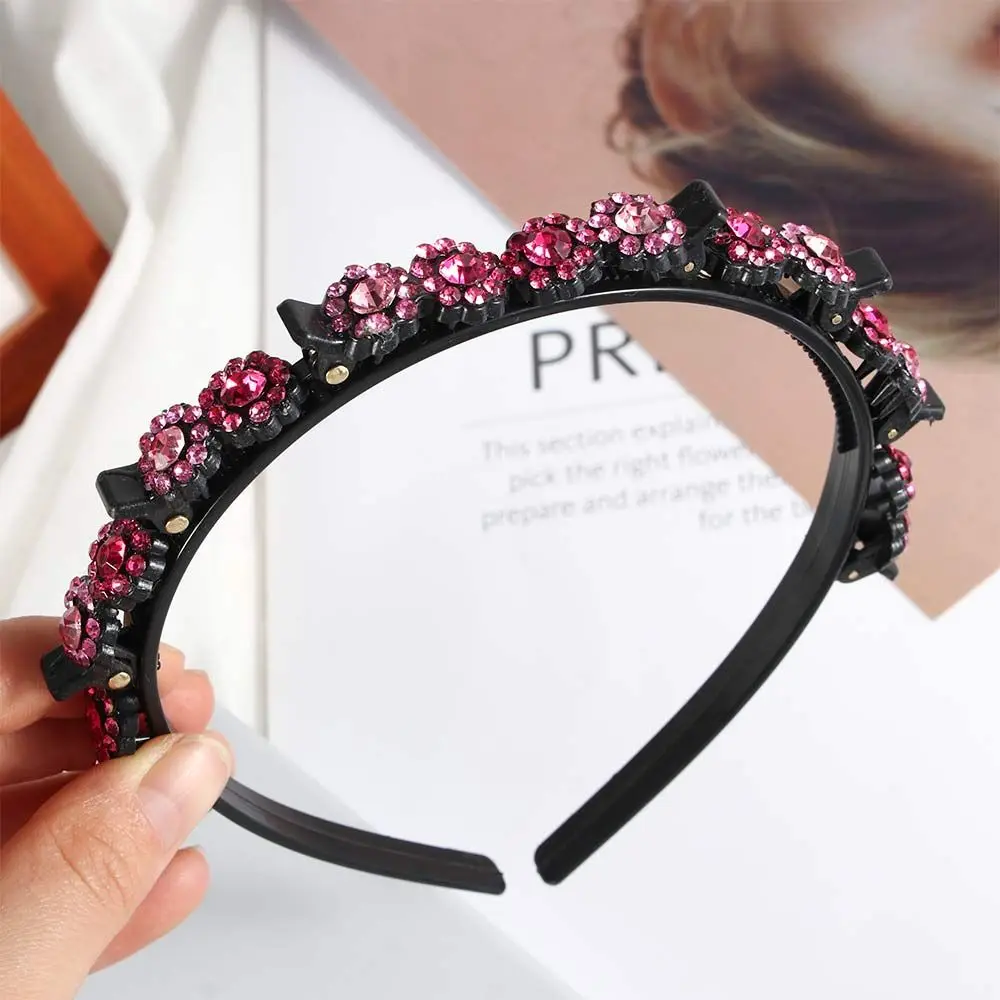 Antislip Fixed Broken hair artifact Flower Rhinestone Black Braided Hair Clip Styling Tool Weave Head Hoop Toothed Clip