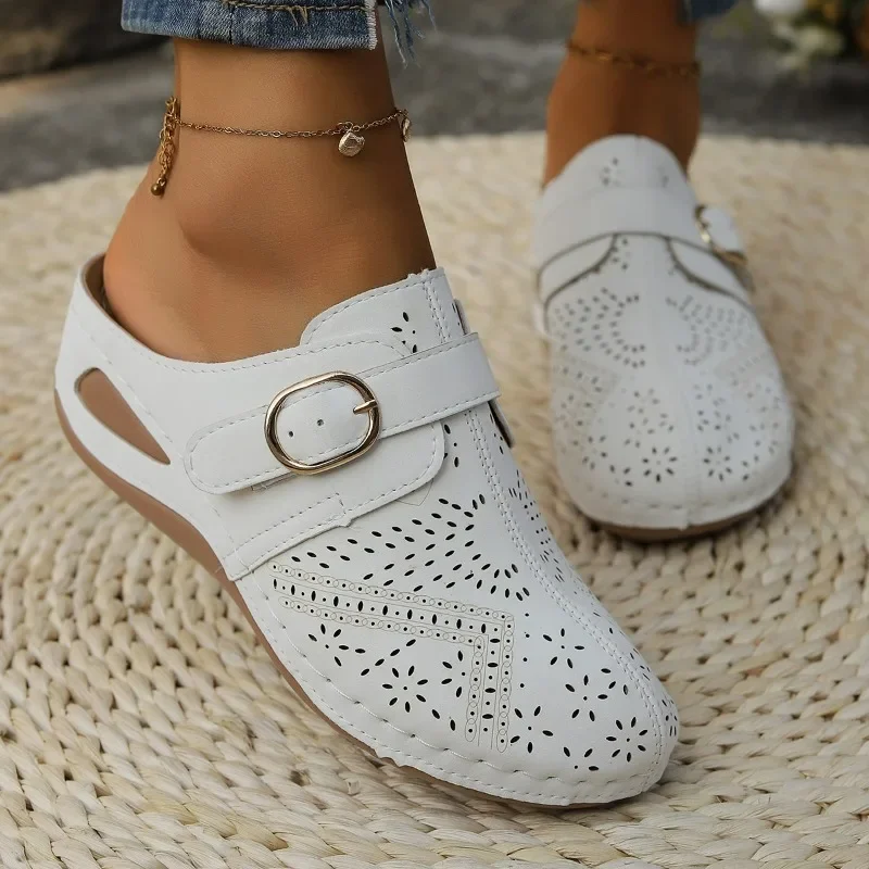 NEW Women Summer Slip-on Mules with Buckle Hollow Design Wedge Slippers for Women Fashion Casual Platform Women's Sandals Slides