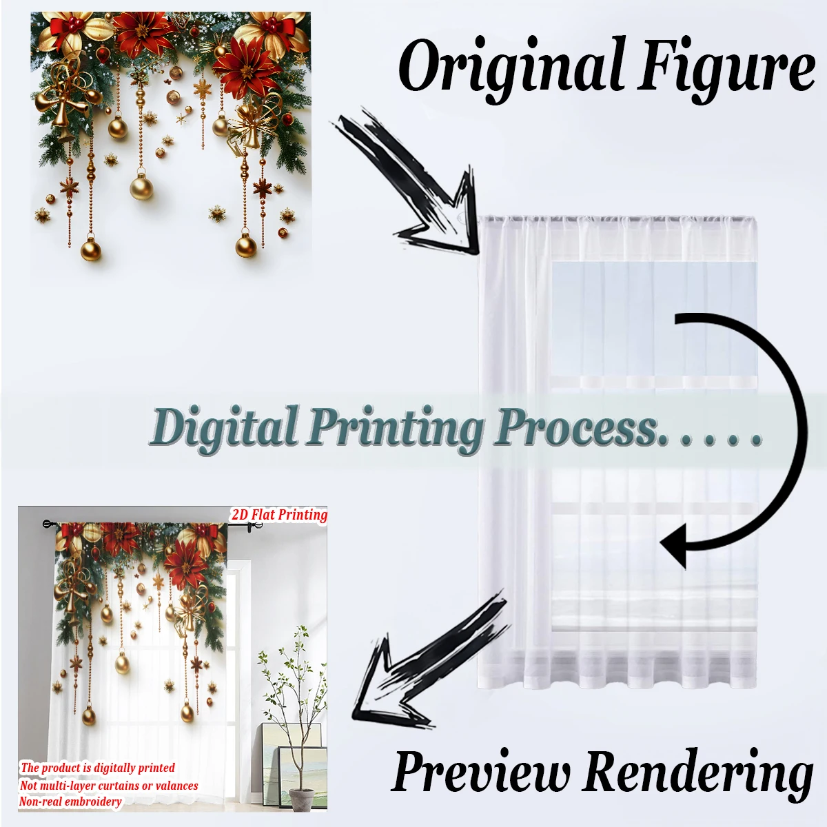 Christmas Flat Printing Sheer Curtain with Luxury Christmas baubles, Poinsettia，for Living Room Bedroom Door Windows Decor