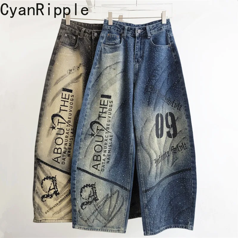 Vintage Graffiti Letters Printed Hot Diamonds Straight Jeans for Women All-match High Waist Mopping Floor Wide Leg Denim Pants