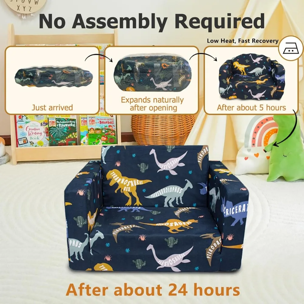 2-in-1 Kids Fold Out Couch, Convertible Sofa to Lounger for Toddlers 1-3 Years, Dinosaur Design
