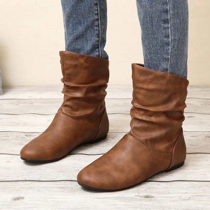 Shoes for Women 2023 Hot Sale Mid-Calf Women's Boots Slip-on Modern Boots Women Pleated Sewing Round Toe Flat with Shoes Ladies