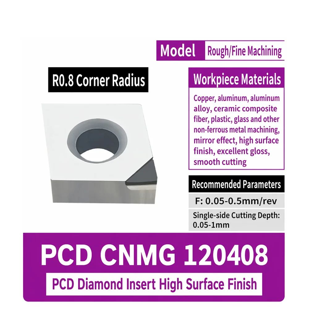 PCD CNMG Diamond Insert R0.4-0.8 CNC Lathe Tool for Aluminum Copper Mirror High Gloss