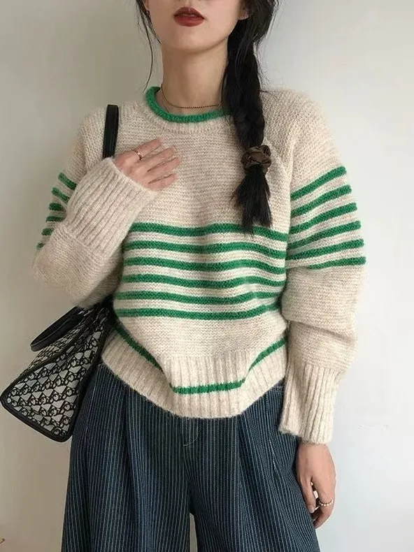 Retro Korean Sle Women's Loose Fit Sweater Autumn Winter Casual Knitted Top Color Blo Striped Relaxing Comfortable Knitwear