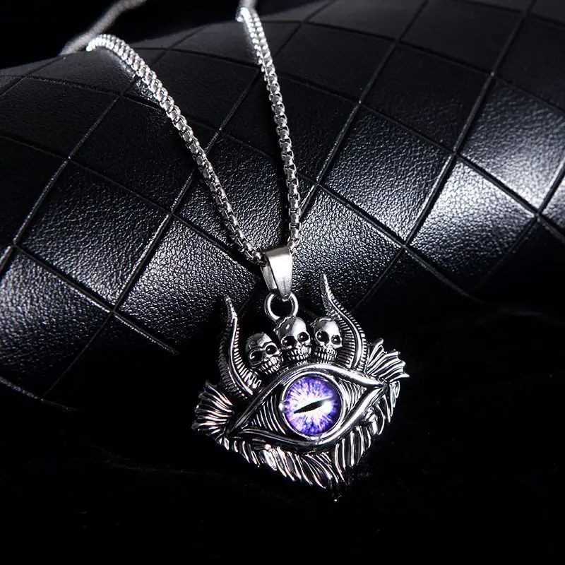 Vintage Skull Evil Eye Pendant Necklace Gothic All Seeing Eye Titanium Steel Chain Jewelry Gift for Men