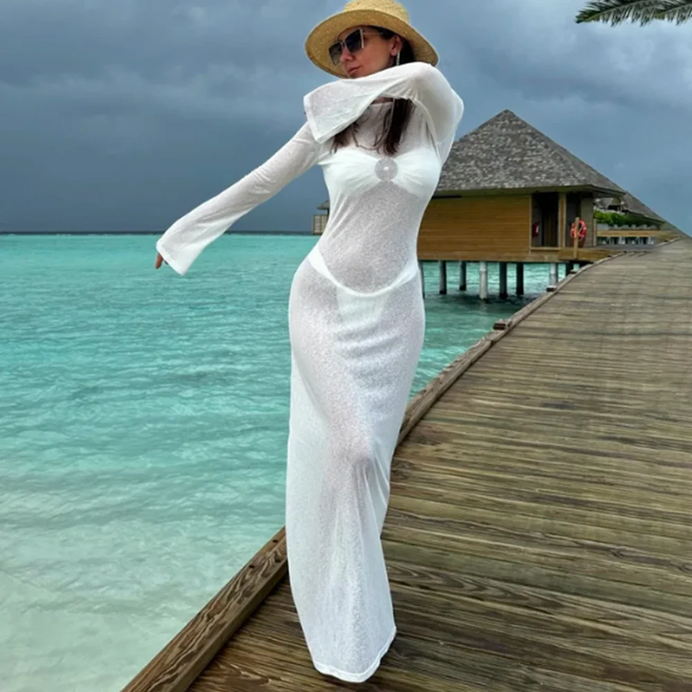 

Talenza Women's Summer Backless Dress Fashion Hollow See-through Beach Vacation Dress Sexy Solid Casual Female Dresses Vestidos