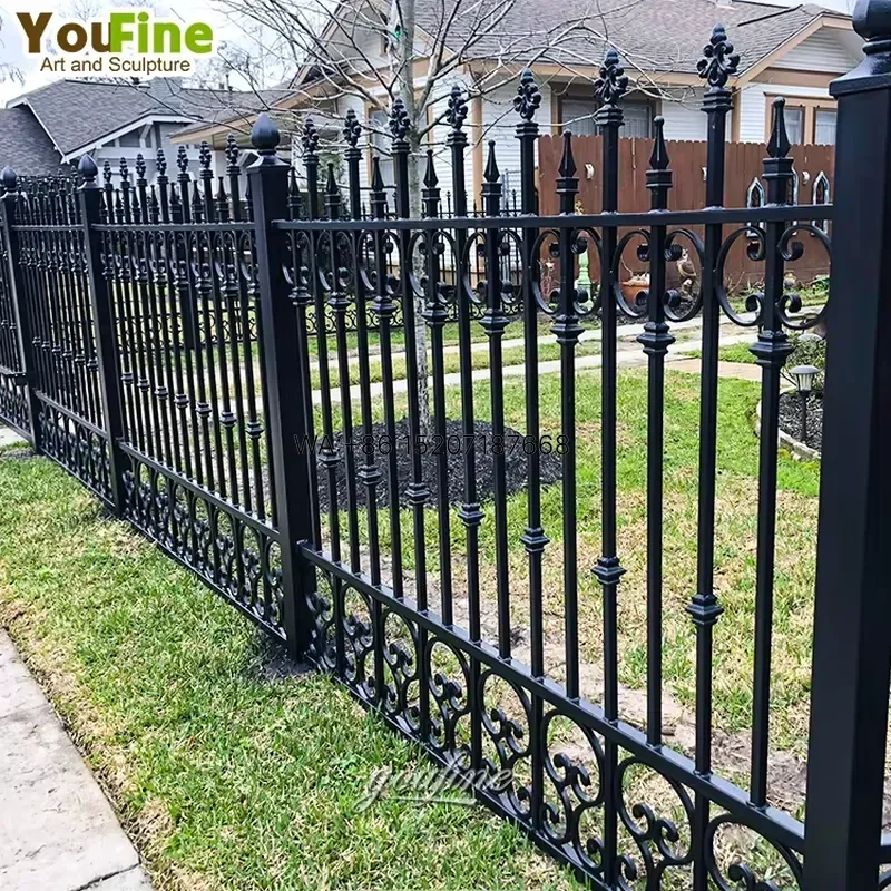 Wmwmnu for YouFine Ornate Wrought Iron Fence with Fleur de lis and Spearhead Finials Scrollwork Design Black Powder Coated