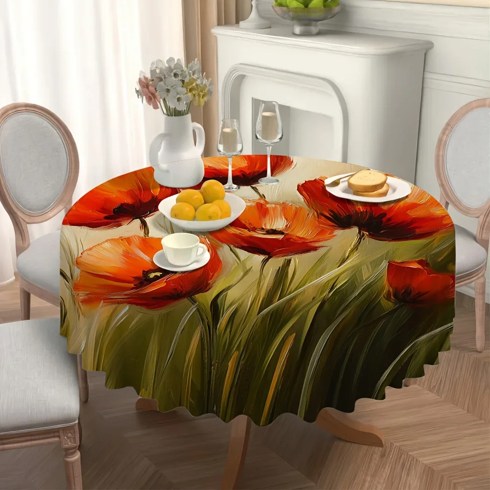 One bright red poppy flower round tablecloth - with rounded edges, featuring a design of pink and red poppiesxzj