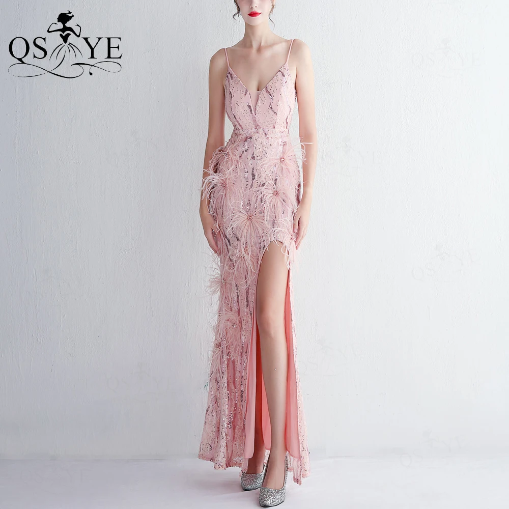 

QSYYE Pink Prom Dresses Open Split Sequin Lace Princess Party Gown V neck Spaghetti Straps Ostrich Hair Glitter Dress Evening