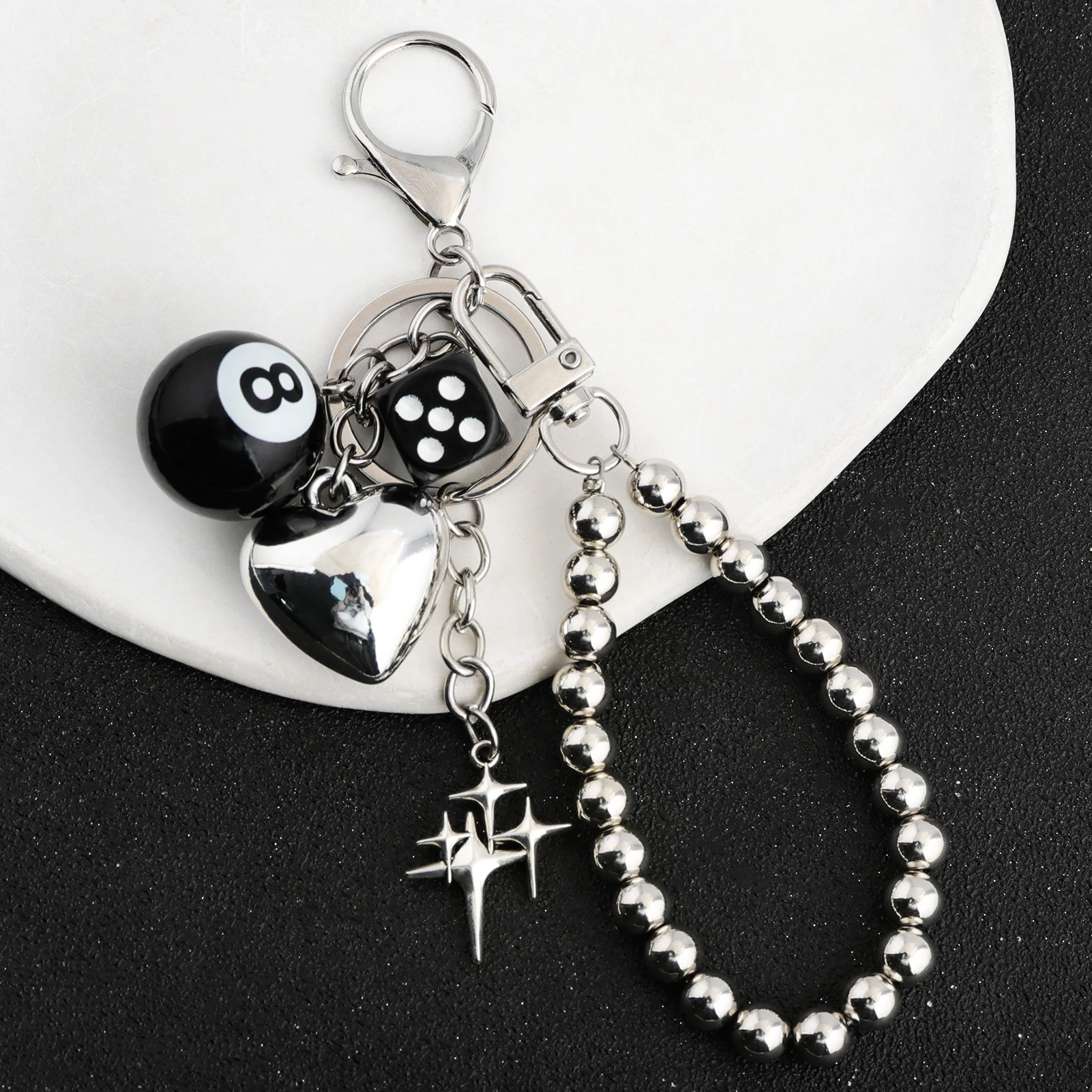 Black Dice Keychain Y2K Pink Lucky Star Burst Pendant Bag Charm Heart-Shaped Black 8-Ball Decoration Punk Style Jewelry Gift