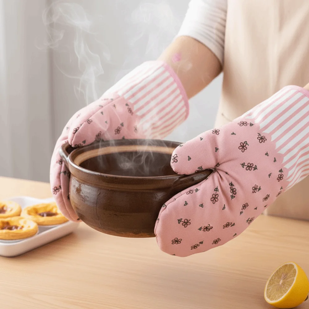 Guantes de aislamiento térmico con estampado de puntos y flores para el hogar, manoplas gruesas antiescaldado para horno, guantes para microondas y cocina