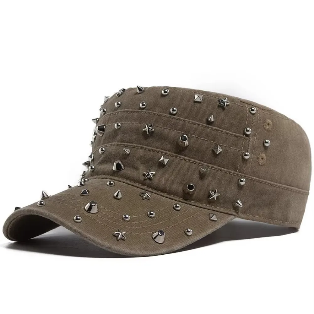 Trendy Adjustable Flat Hat Cap Rivet Design Punk Rock Trucker Hat Hip Hop Retro Style Fishing Cap Streetwear