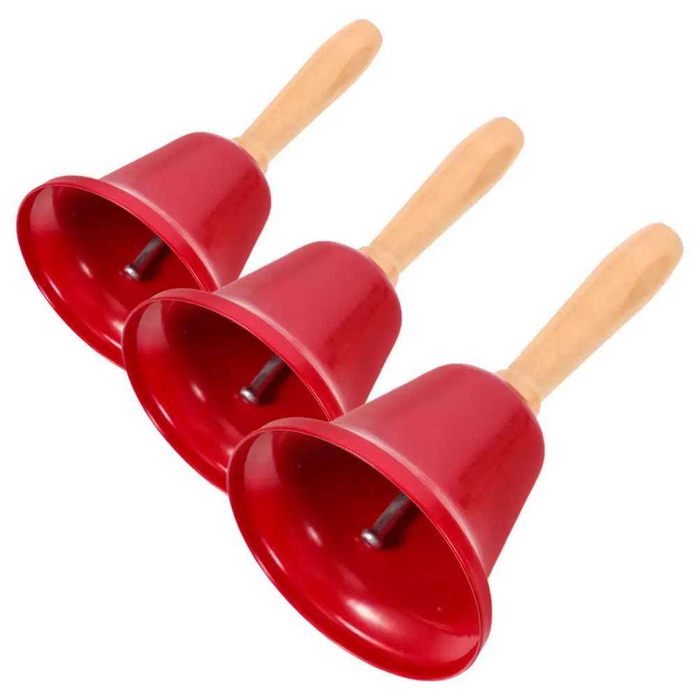 Lot de 3 clochettes de service en métal sonore avec manche en bois rouge pour la salle de classe, l'entraînement, l'alimentation des animaux, la réception et comme signal sonore