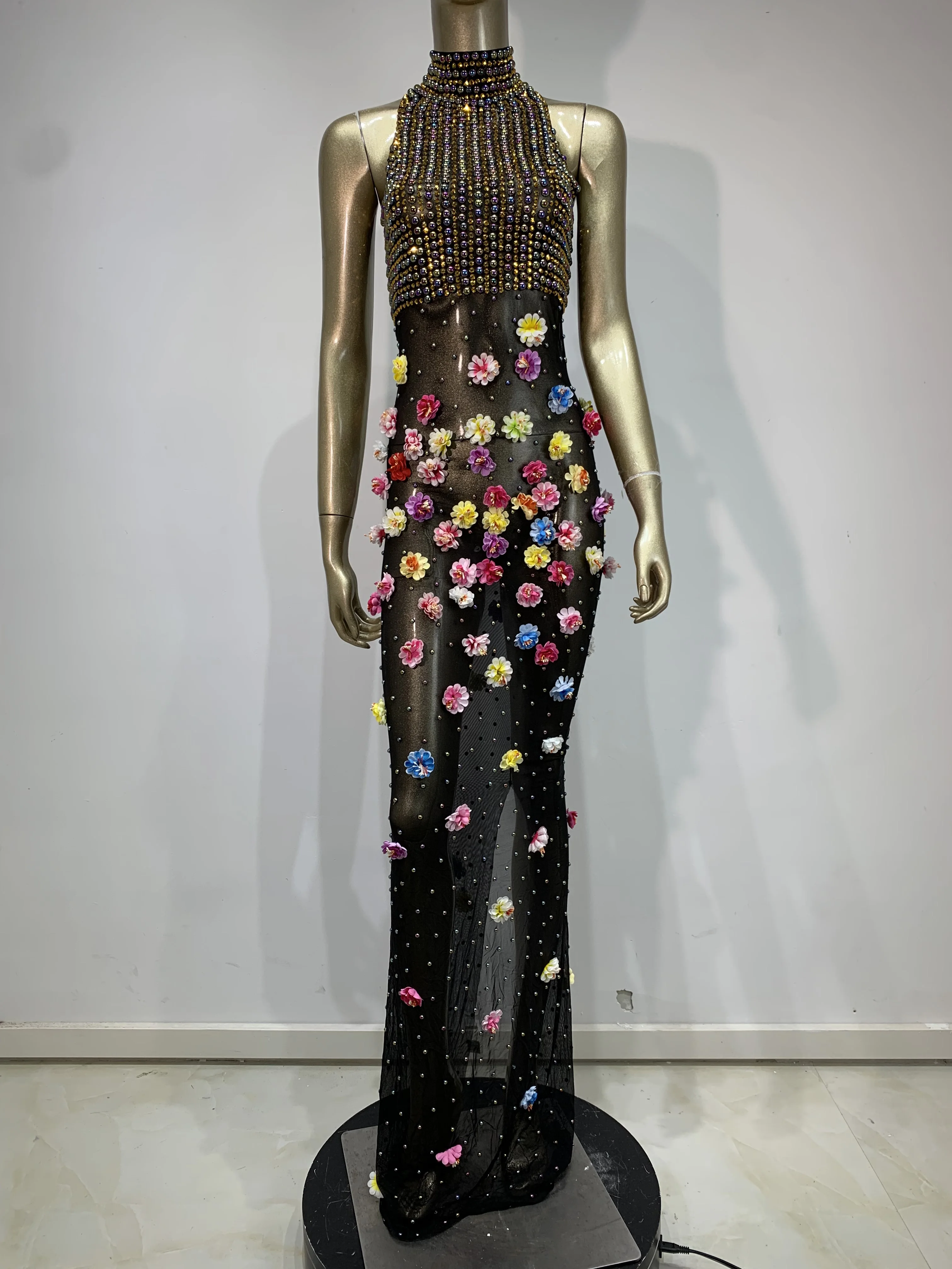 

Sparkly Rhinestones Flowers Sexy See Through Long Dress Women Luxury Birthday Celebrate Wedding Evening Dress Photo Shoot Wear