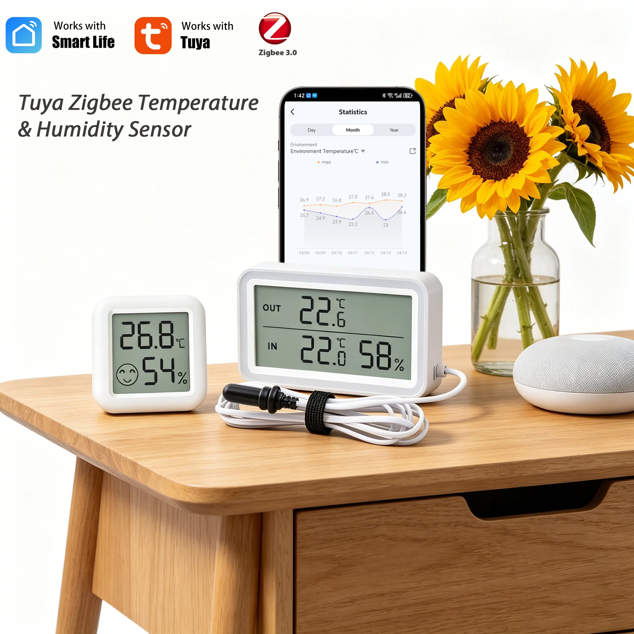 Tuya Smart Zigbee Temperature Humidity Sensor LCD External Probe for Refrigerator Fish Tank Smart Life Google Home Yandex