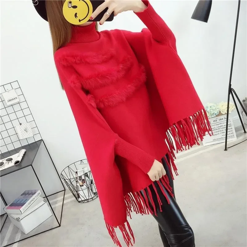 Bat shirt sweater women's pullover cloak top medium long tassel knit sweater shawl jacket loose women's clothing