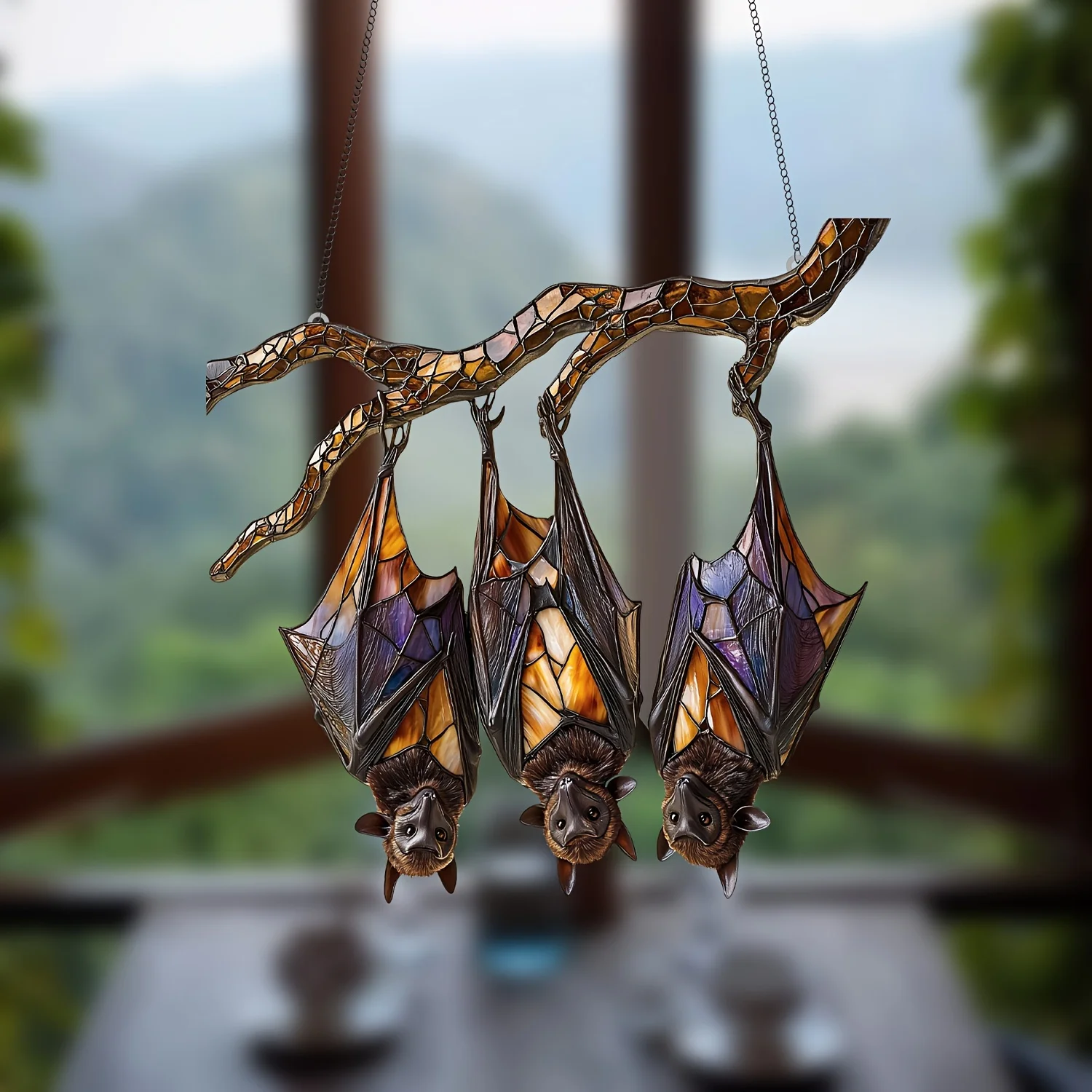 1pc Three Colorful Bat Window Hanging with Garden Sun Catcher, Featuring Inverted Branches,Suitable for Seasonal Decoration
