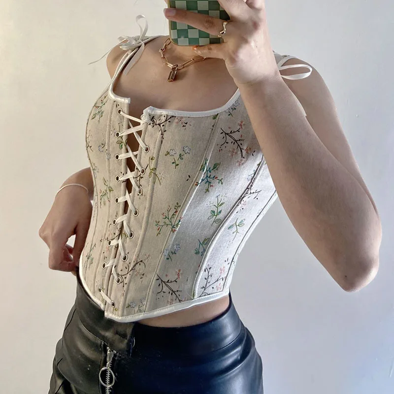 Floral Lace Up Corset Top Renaissance Corset Bustier Crop Top Vintage Corset Lace Tanks Camisole Fairycore Costume