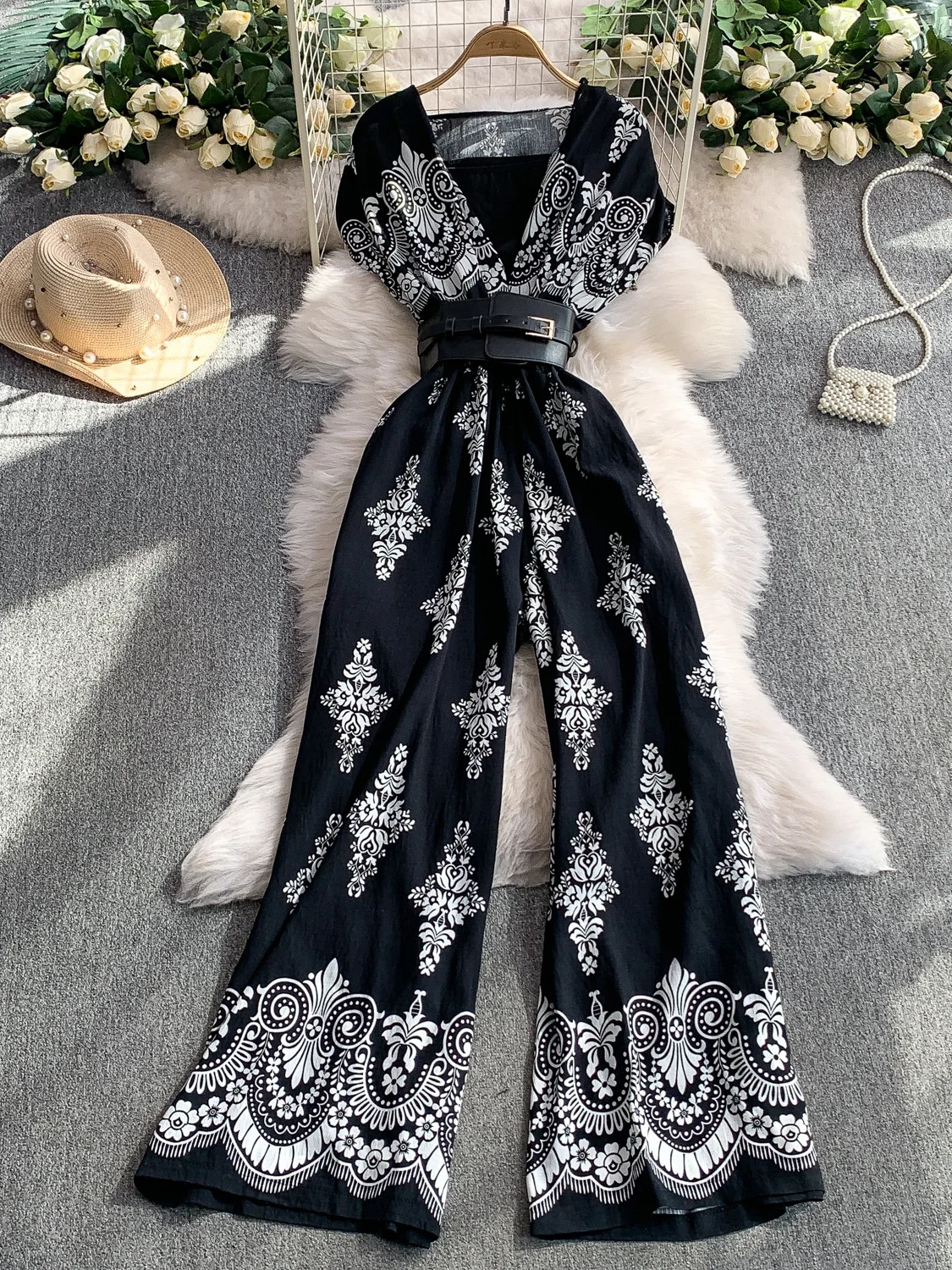 

Slimming Wide Leg Pants V Ne ort Sve Print Dr Pants High Waist Belted Women's Summer Faion Sensation