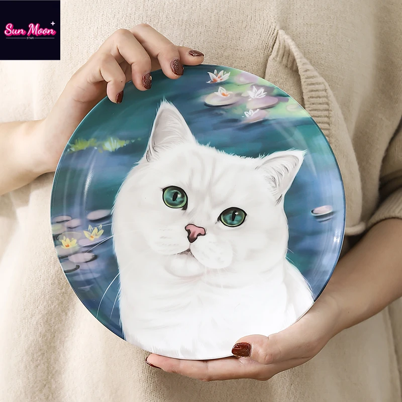 

British Animal Cat Bone Porcelain Dish Household Ceramic Dining Plate Round Dessert Tableware Special Fruit Plate Tableware Gift