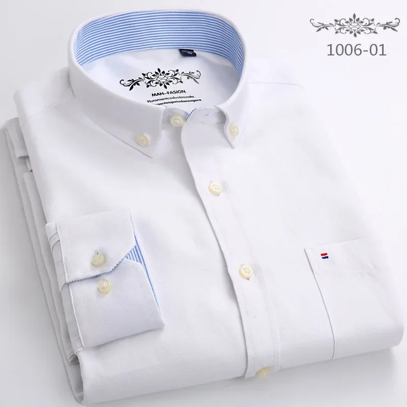Men's long sleeved Oxford plaid striped casual shirt with front chest pocket, regular fit, button style thick neck work shirt