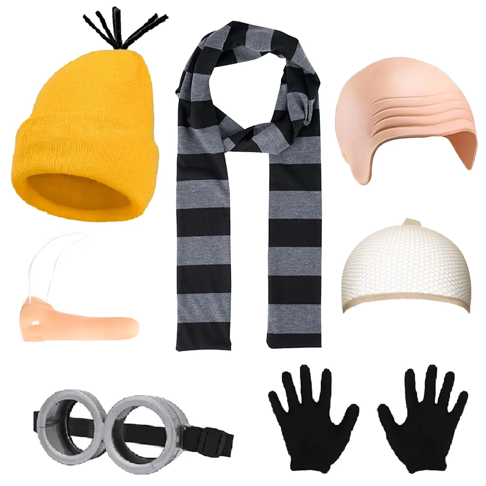 Disfraz de pequeño hombre amarillo para fiesta de Halloween, disfraces de chico malo, película de dibujos animados, vestido divertido, ladrón mágico, papá, bufanda a rayas grises