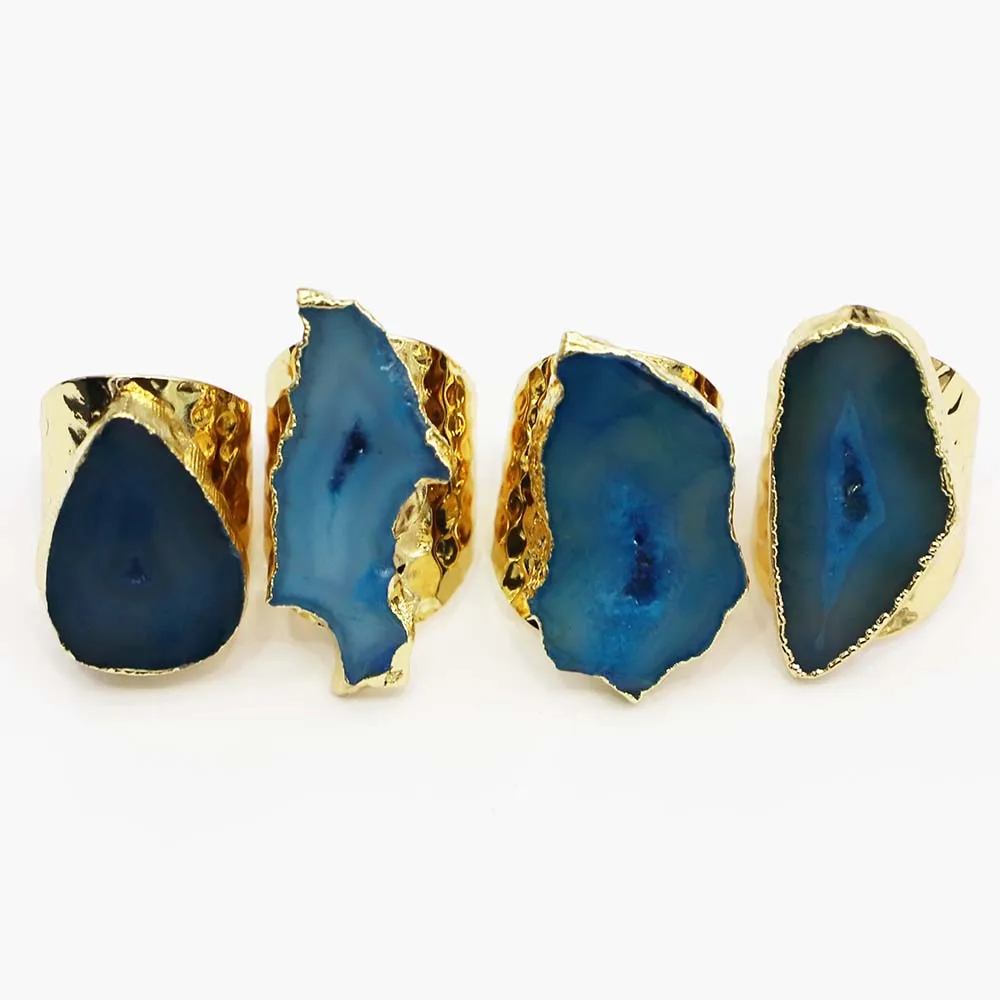 

2pcs/lot Fashion Natural Stone Lake Blue Agates Irregular Quartz Drusy Adjustable Rings Raw Geode Finger Gold Jewelry Wholesale