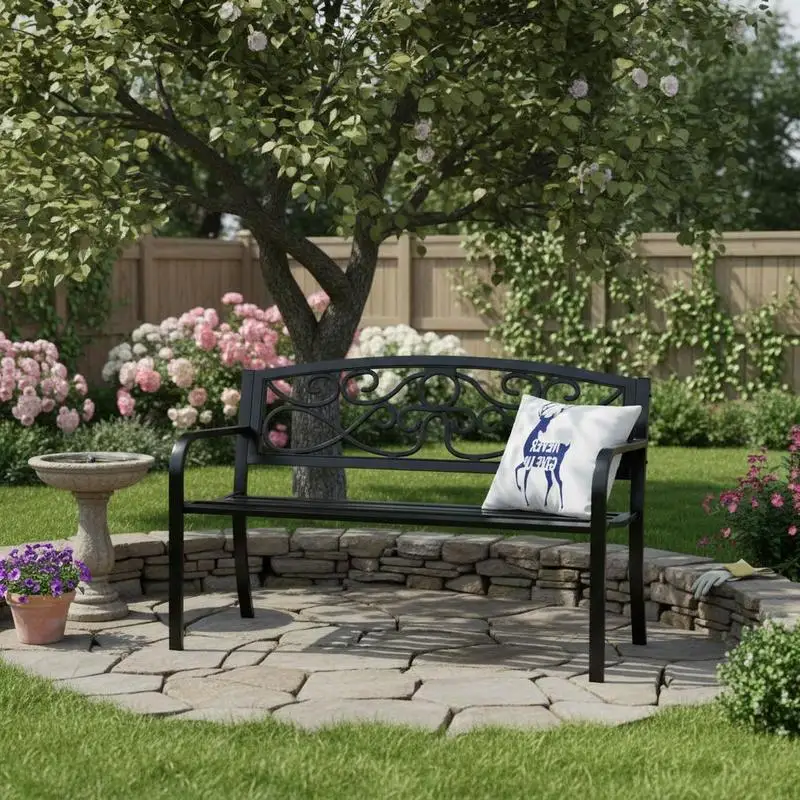Banc de jardin en métal/banc de terrasse, 127 cm de large, banc de parc/banc de repos, capacité de charge de 250 kg, banc de jardin et de parc pour 3 personnes avec dossier et accoudoirs, banc vintage pour jardin, parc, cour, véranda