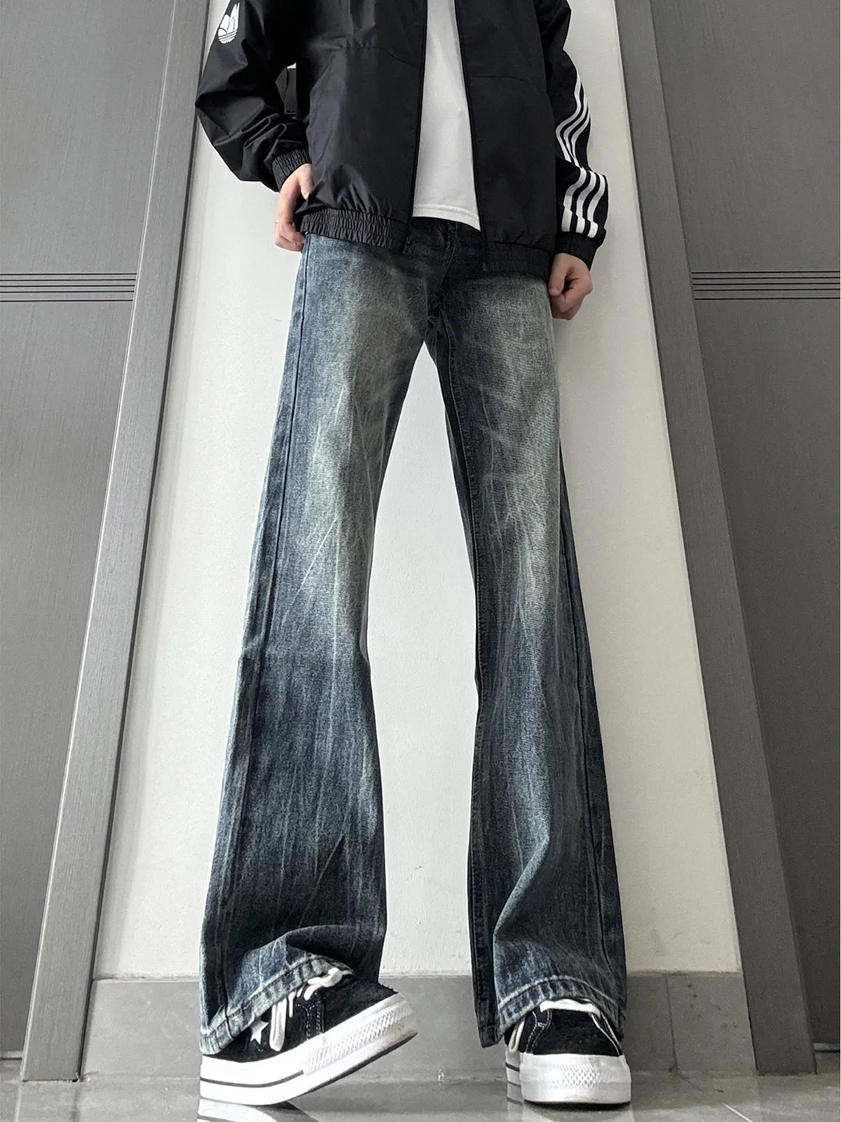

American Lightning Pattern Bell Bottom Jeans Men Spring High Street Cleanfit Pants Slim Straight Floor Length Trousers