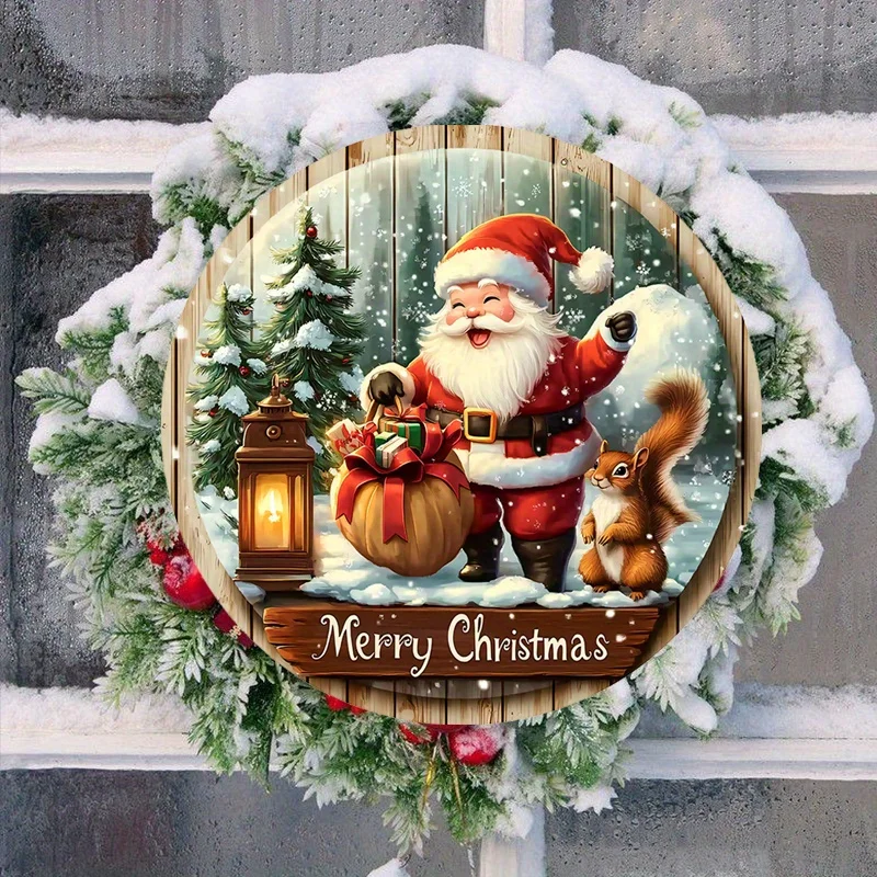 1pc Christmas Santa Claus Squirrel Snowflake Snowy Holly Warm Winter Xmas Wood Porch Wreath Flat Hanging Print Sign Painting