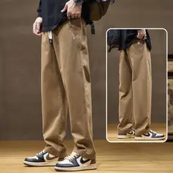 Preppy Style Spring Autumn Drawstring Solid Color Casual Men's Clothing Elastic Pockets High Waisted Loose Wide Leg Pants